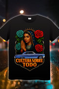 Cultura Sobre Todo Faith and Lowrider Edition t-shirt with praying woman, roses, and classic lowrider car
