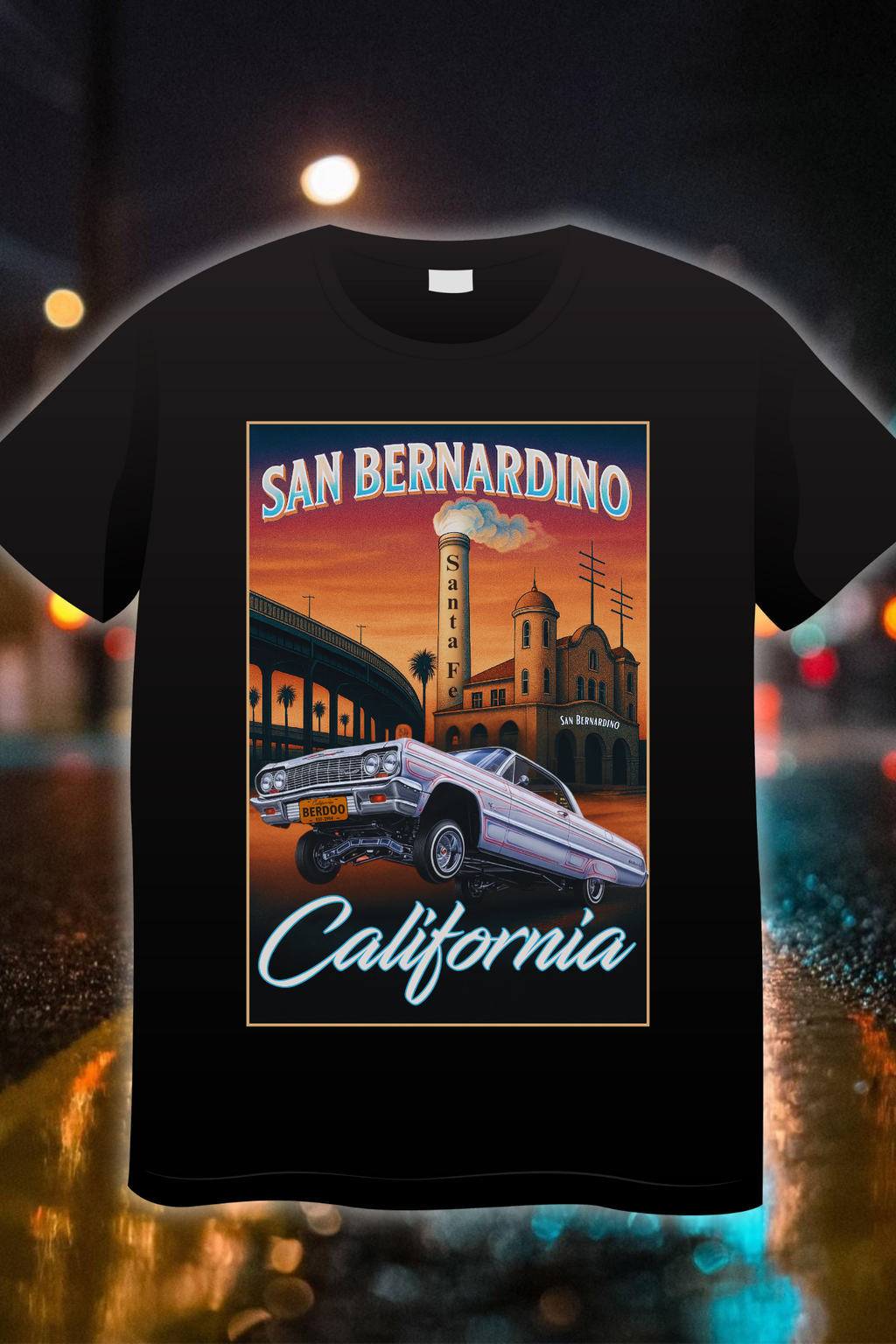 “San Bernardino Santa Fe Lowrider Edition t-shirt with lifted lowrider and Santa Fe depot artwork”