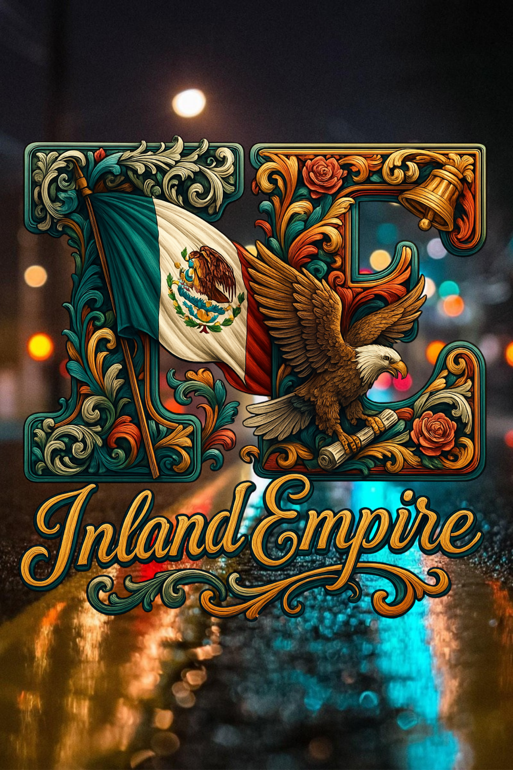 
“Inland Empire Heritage Edition artwork with Mexican flag, golden eagle, and ornamental gold scroll patterns”