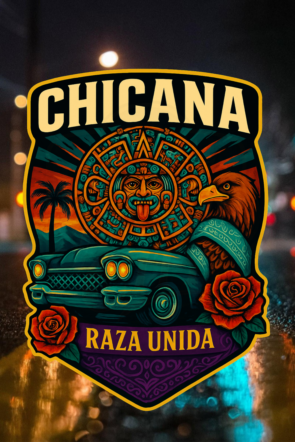 “Chicana Raza Unida design featuring Aztec calendar, Quetzalcoatl serpent, red roses, and gold Chicana lettering”