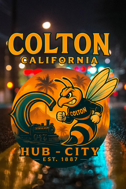 “Colton Hub City Legacy Edition artwork with yellowjacket mascot and hub city design elements”