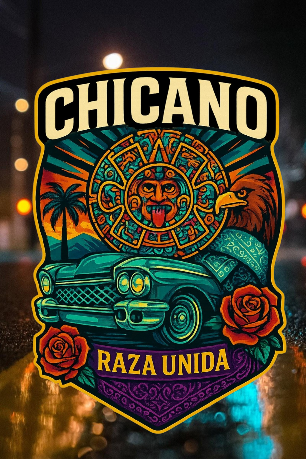 “Chicano Raza Unida design featuring Aztec calendar, Quetzalcoatl serpent, red roses, and gold Chicano lettering”
