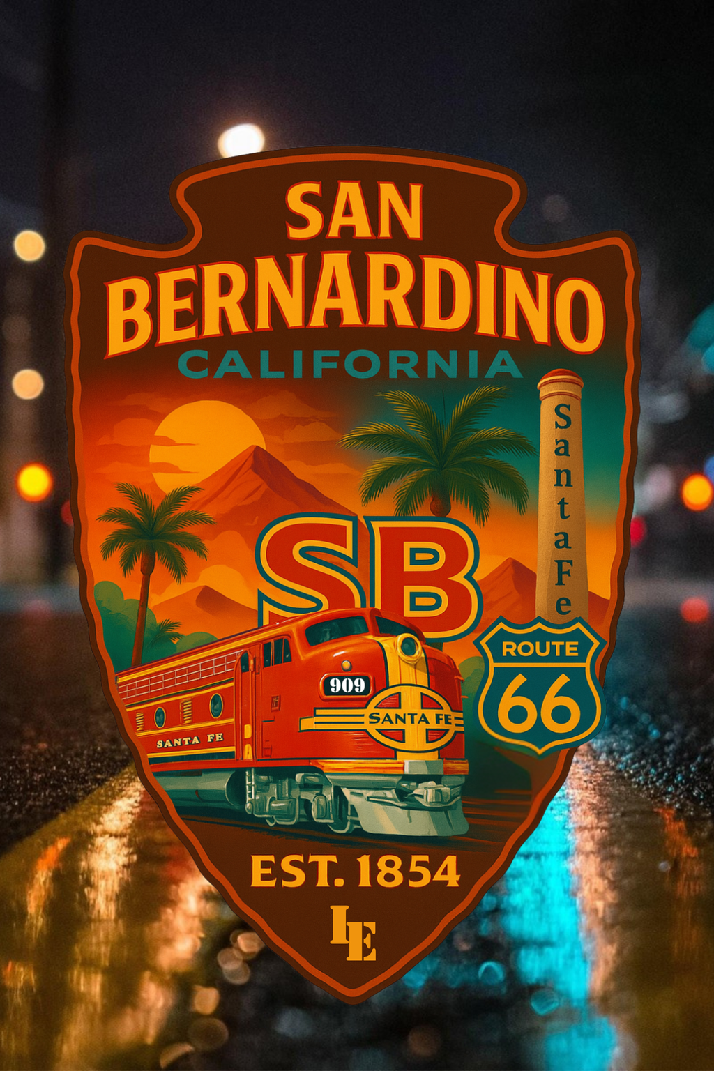 San Bernardino Route 66 Santa Fe Edition graphic design – Santa Fe train, mountains, palm trees, SB badge – It’s Just My City street