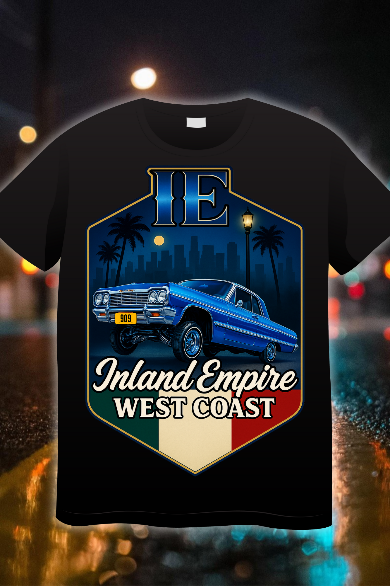 IE West Coast Edition t-shirt featuring a blue lowrider with city skyline and palm trees”
