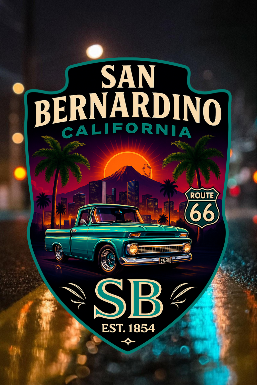 “San Bernardino Route 66 badge design with classic green truck, palm trees, mountains, and sunset”