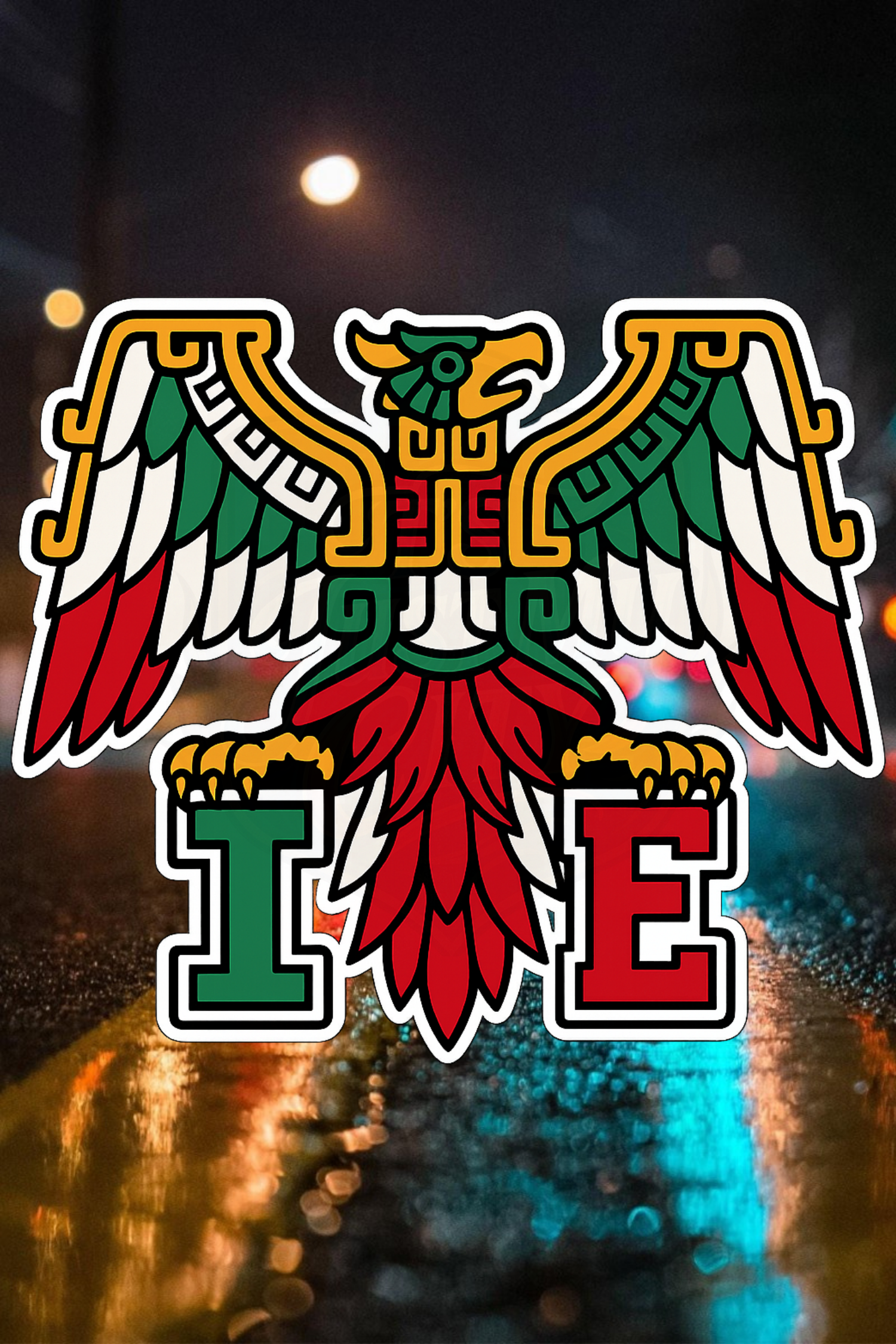 “Aztec eagle emblem in Mexican flag colors with IE lettering – Chicano style Inland Empire design”
