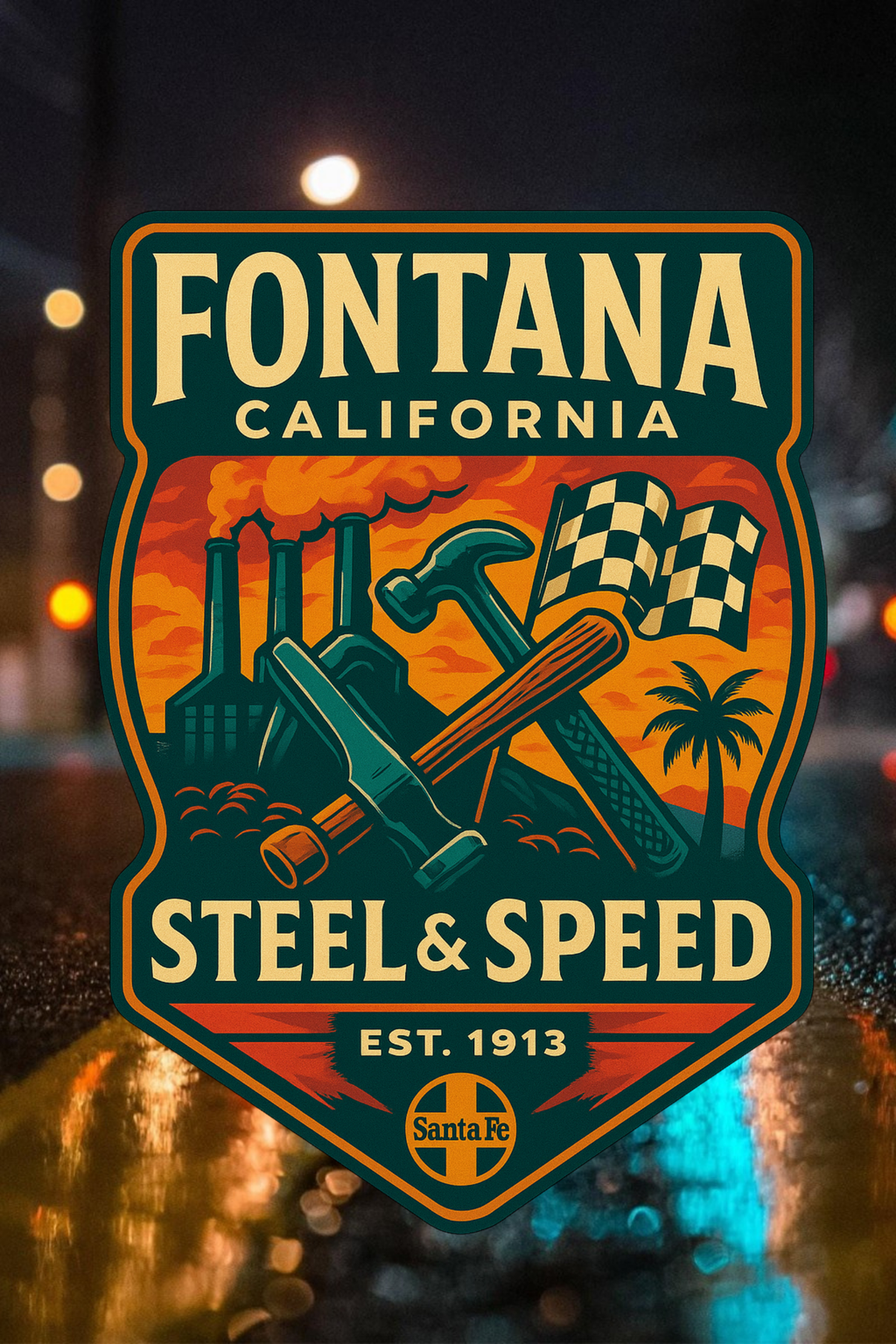 Fontana Steel & Speed Edition artwork with racing graphics, steel tools, and Fontana city theme”