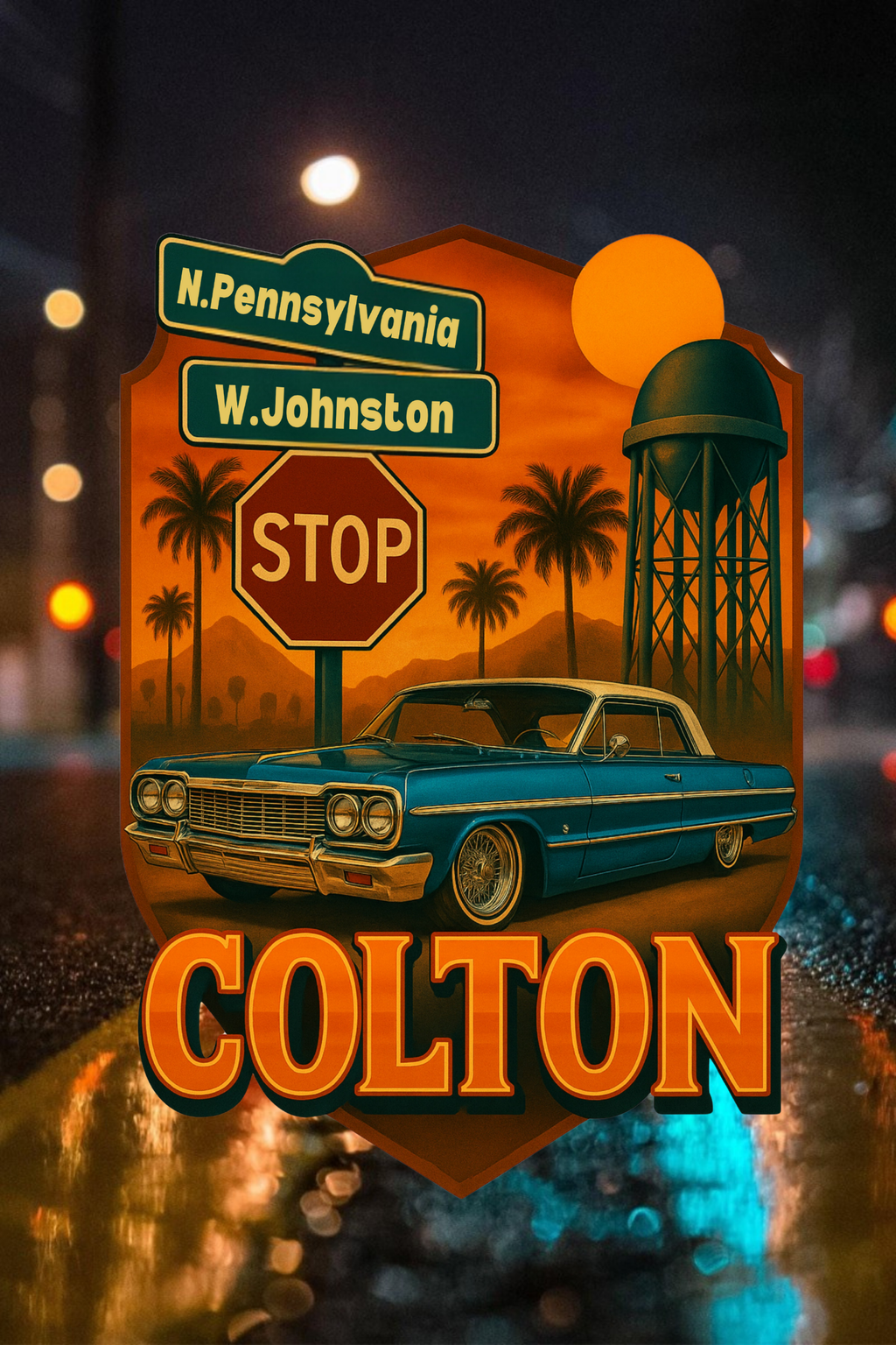 “Colton street sign Pennsylvania and Johnston with lowrider car stop sign and water tower artwork”