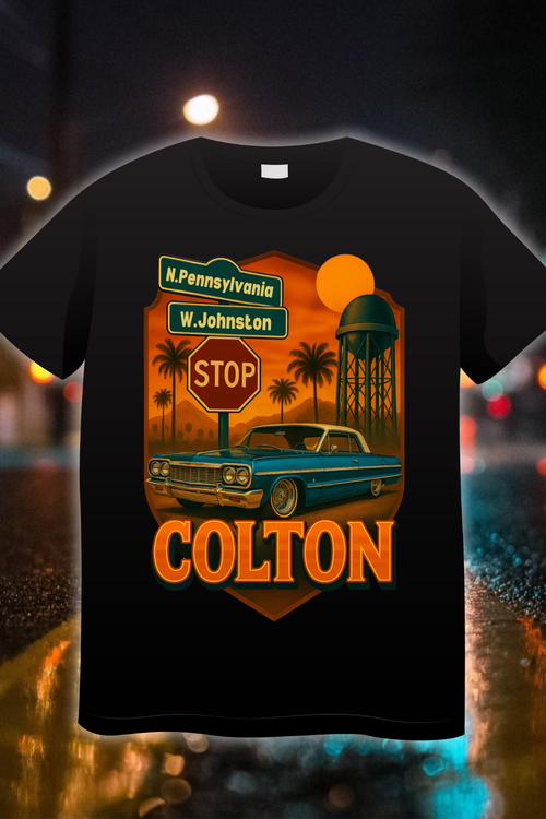 Colton Pennsylvania and Johnston Edition t-shirt with classic lowrider at stop sign and city water tower”