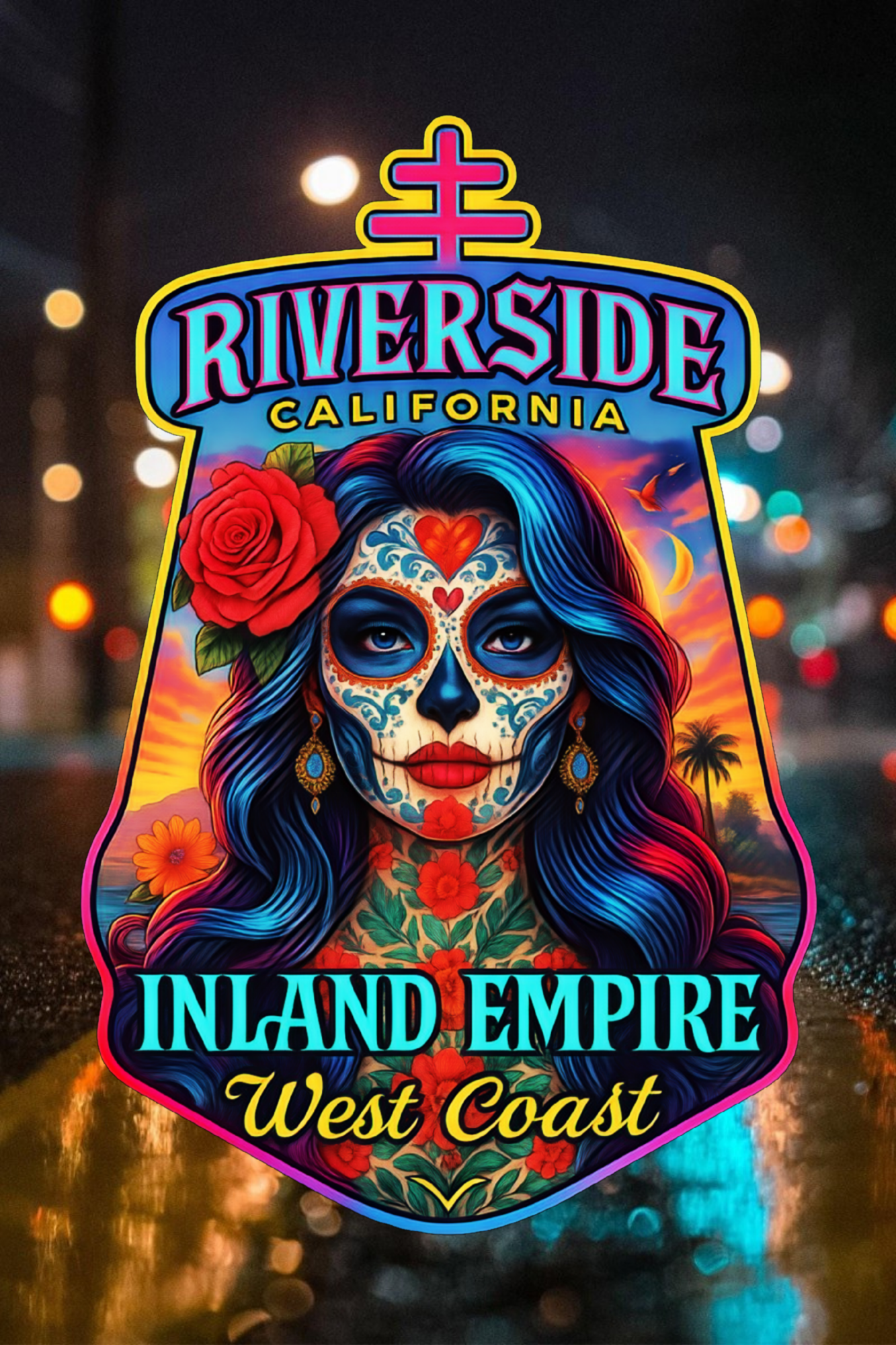 “Riverside Queen Inland Empire West Coast artwork featuring vibrant Dia de los Muertos face with roses”
