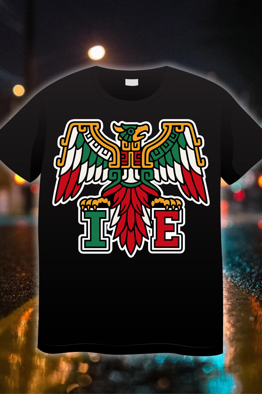Aztec eagle graphic in red, white, and green with bold IE letters on a black t-shirt – Inland Empire Chicano streetwear design