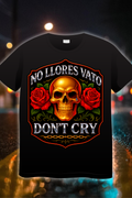 No Llores Vato Don’t Cry t-shirt – gold skull and red roses Chicano style design on black tee – It’s Just My City streetwear