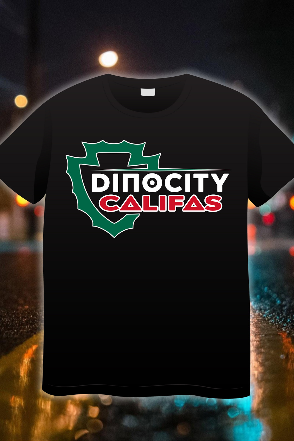 “Dino City Califas Edition t-shirt featuring green Route-style shield logo with bold white and red lettering”