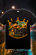 Los Dukes King and Allen Street t-shirt with cartoon character holding money bag and classic car illustration