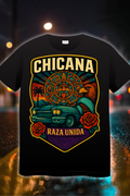 “Chicana Raza Unida t-shirt with Aztec calendar, serpent, roses, and gold Chicana lettering on a black tee”
