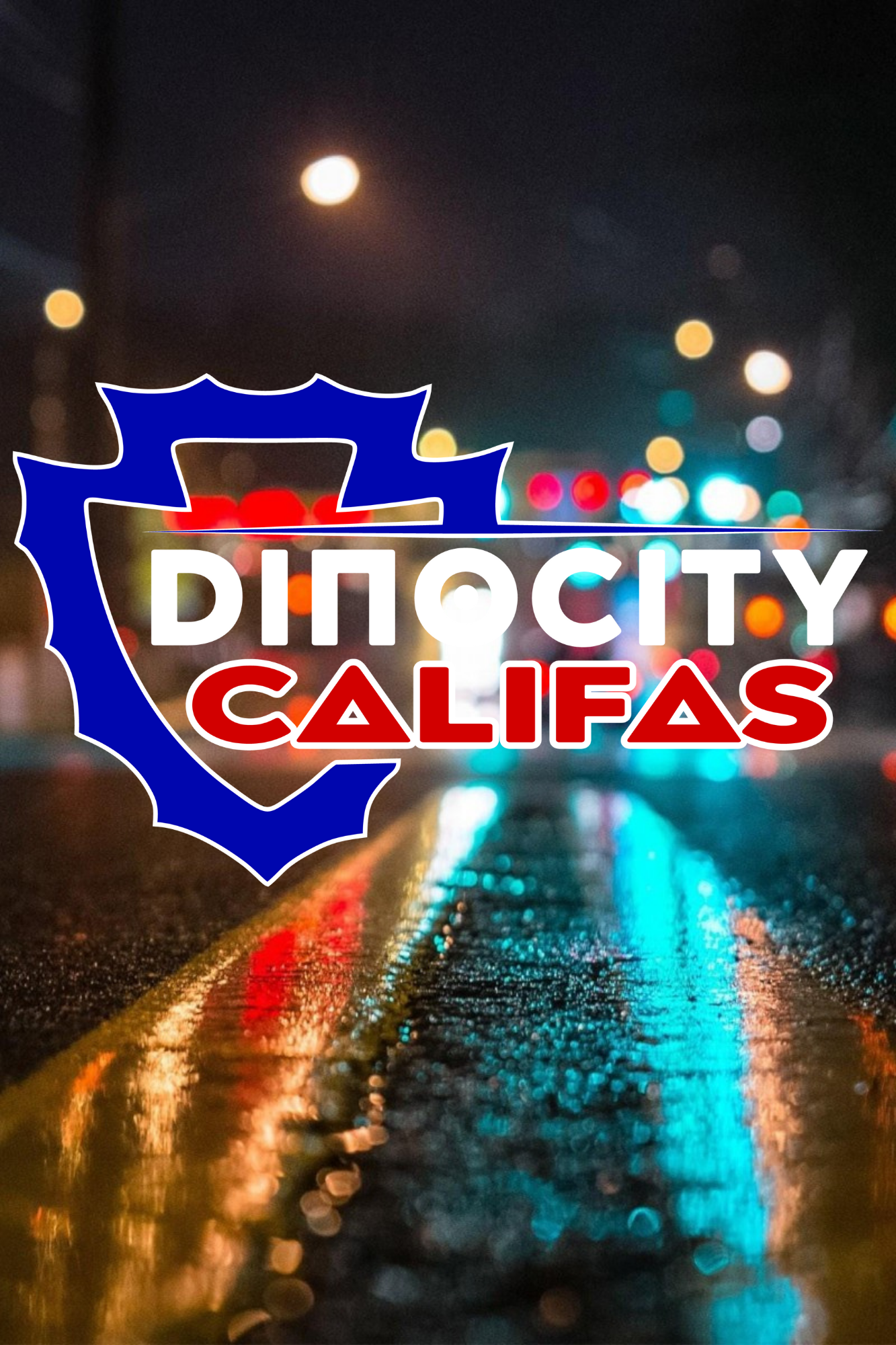 “Dino City Califas Dodger Blue artwork with blue shield outline and red-white lettering on city lights background”