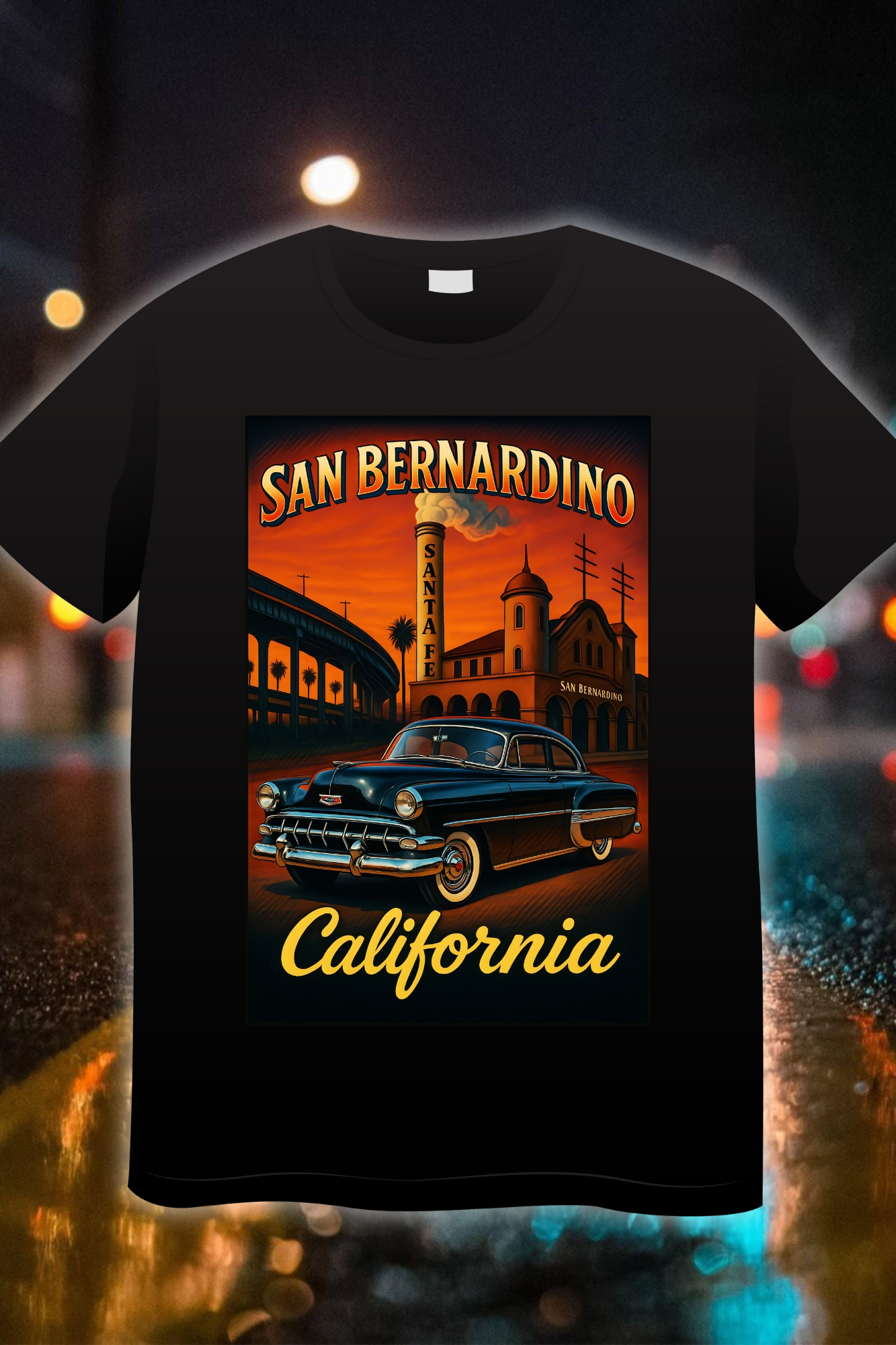 “San Bernardino Santa Fe Classic Edition t-shirt with vintage car and Santa Fe depot artwork