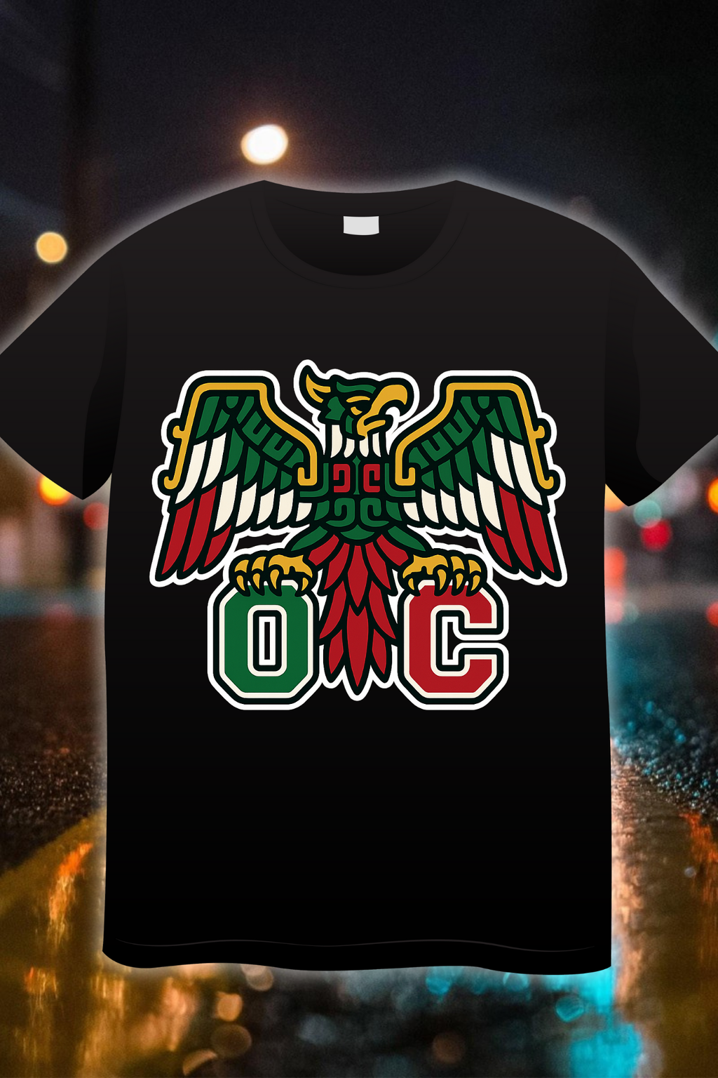“OC Mexica Edition t-shirt featuring Aztec-style eagle in red green white with bold O C lettering”
