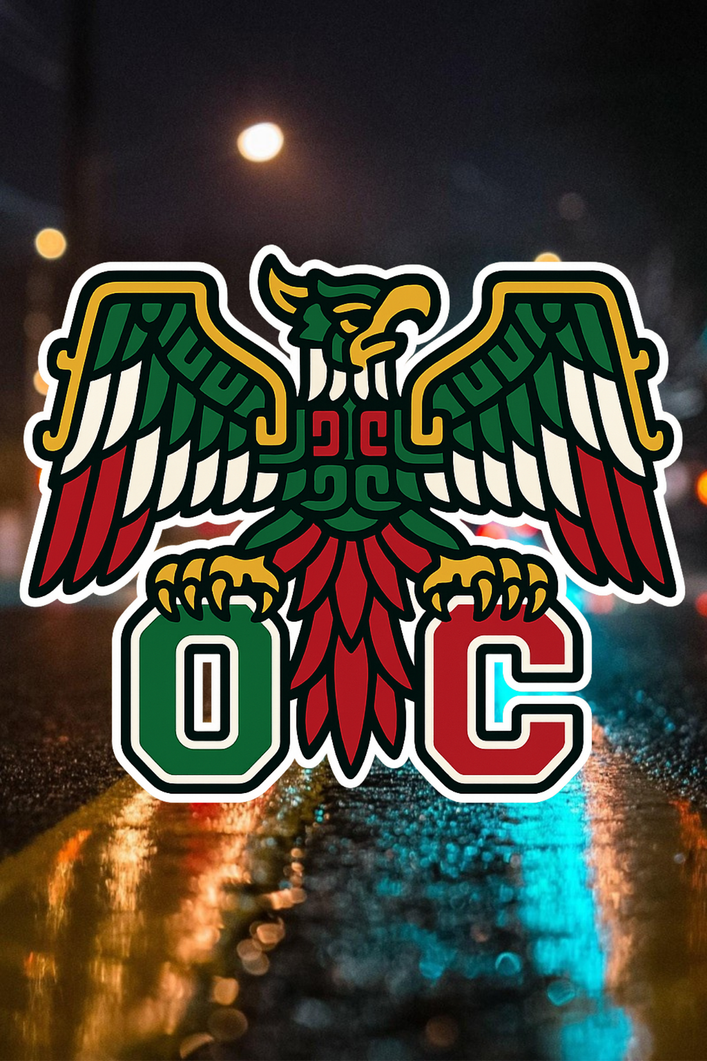 “Aztec Mexica eagle graphic with red green white feathers over bold O C letters”