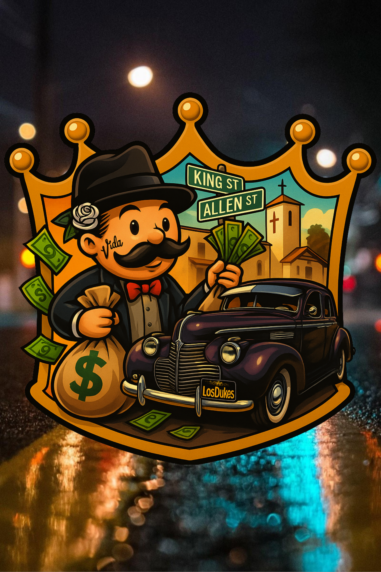 Los Dukes King and Allen Street artwork with cartoon figure, money bag, and classic car inside a gold badge design