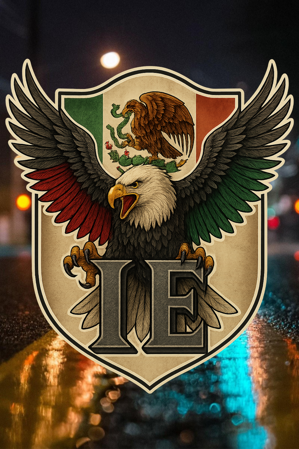 “Eagle of the Empire Mexica Heritage artwork with green white red wings and IE shield emblem”
