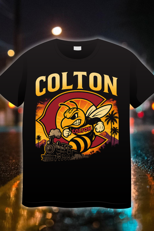 Colton Yellowjackets Legacy Edition t-shirt with fierce yellowjacket mascot artwork