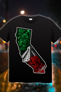 “California outline t-shirt with Aztec warrior in green, pyramid center, and red Mexican eagle design – Chicano streetwear by It’s Just My City”
