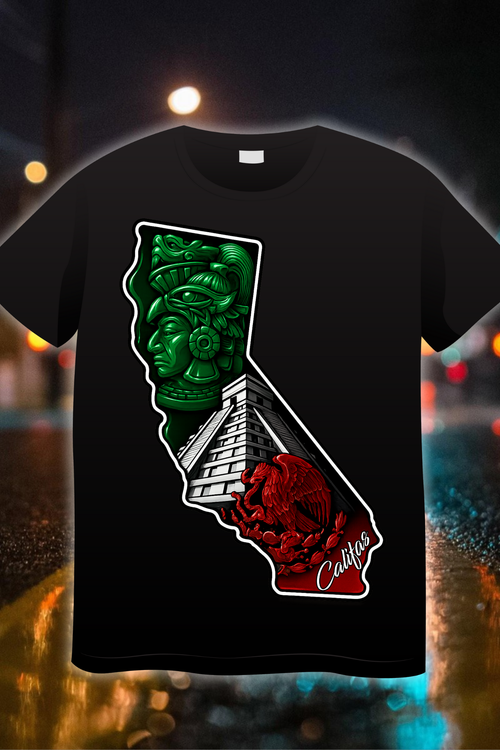“California outline t-shirt with Aztec warrior in green, pyramid center, and red Mexican eagle design – Chicano streetwear by It’s Just My City”
