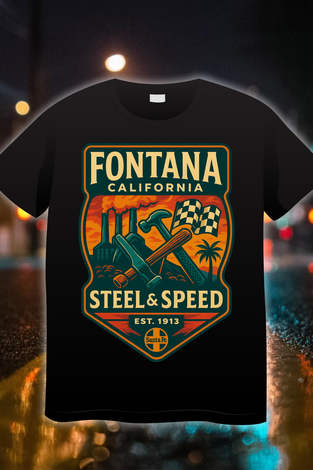 Fontana Steel & Speed Edition t-shirt featuring racing elements, steel imagery, and city pride design”
