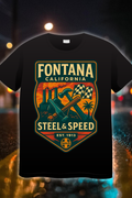 Fontana Steel & Speed Edition t-shirt featuring racing elements, steel imagery, and city pride design”