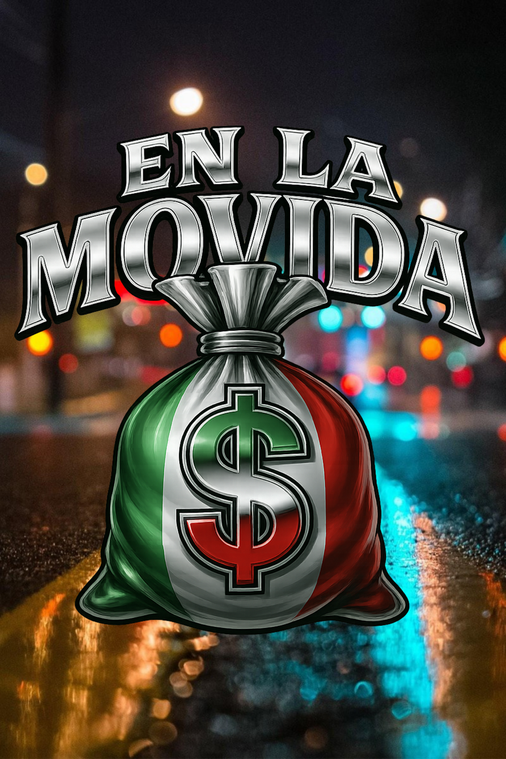 “En La Movida design with metallic letters and tricolor Mexican flag money bag on solid black background – "Mexican Artwork”
