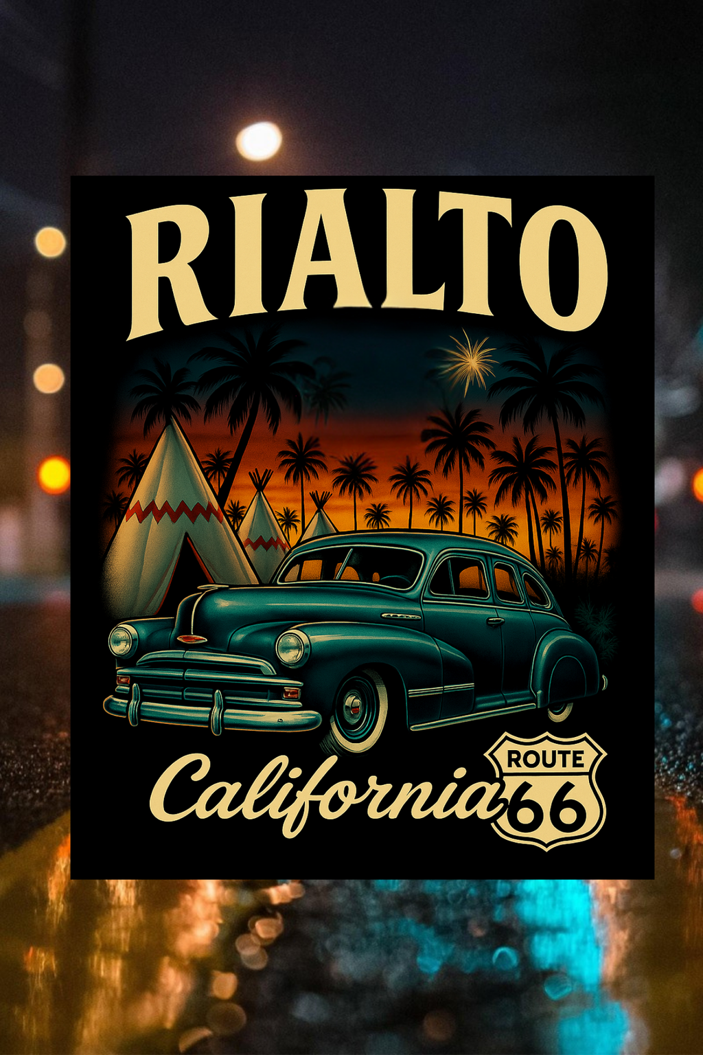 Rialto Route 66 artwork with vintage green car palm trees and desert sunset”