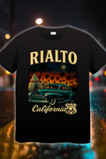 “Rialto Route 66 edition t-shirt with classic green car and palm tree sunset background”