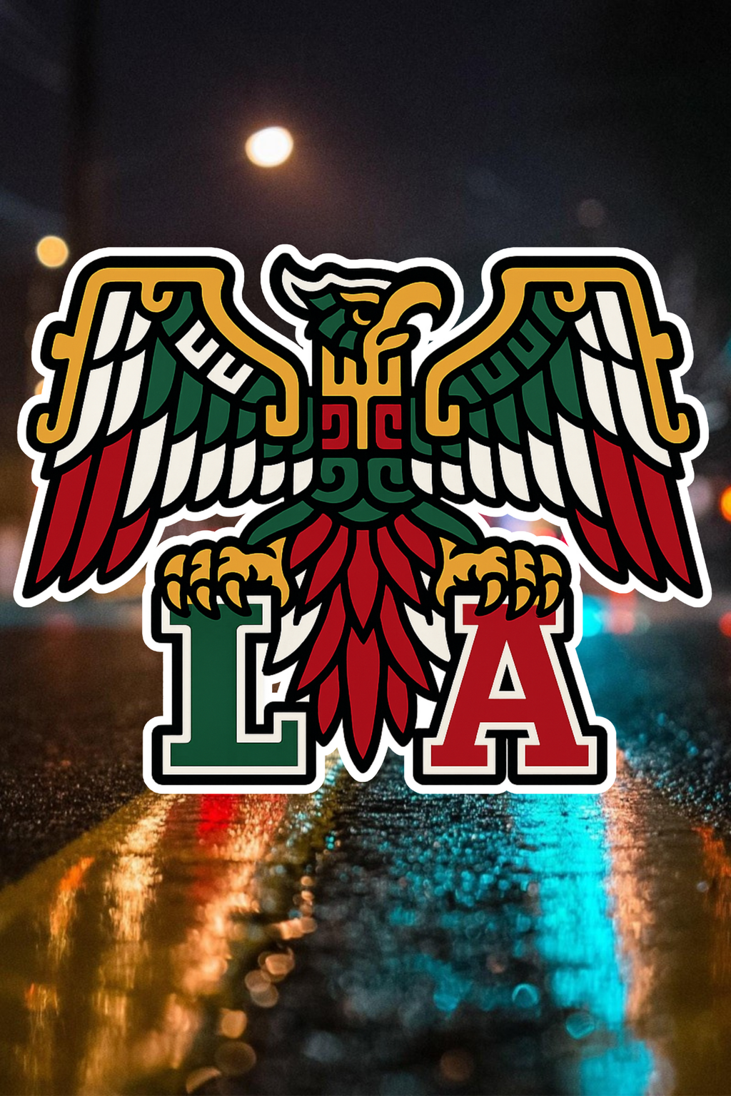 Aztec Mexica eagle graphic with red, green, white feathers perched over bold L A letters”