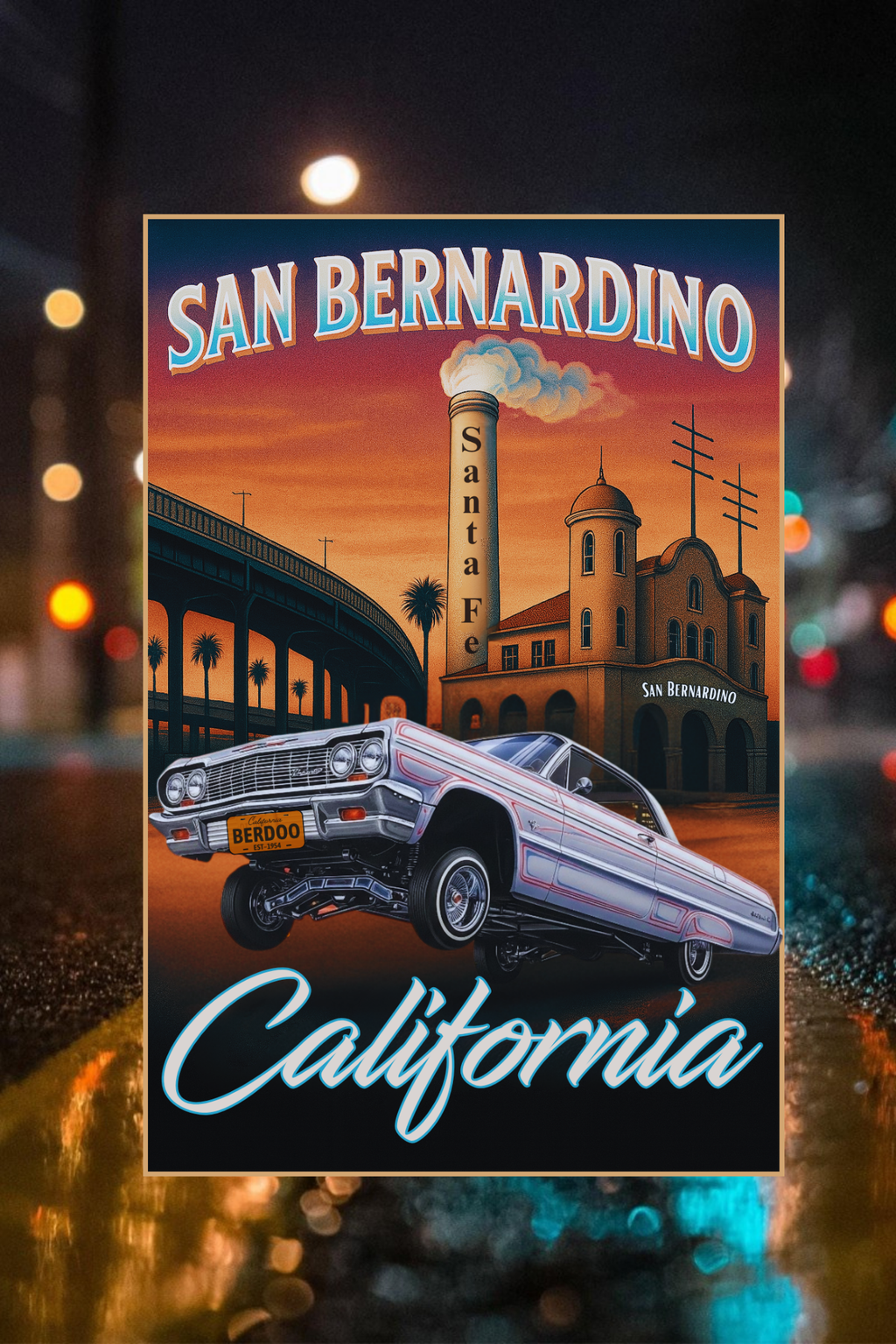 “San Bernardino Santa Fe Lowrider artwork featuring chrome lowrider hopping in front of the historic Santa Fe depot at sunset”