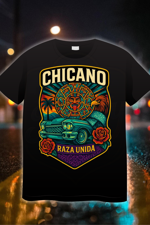 “Chicano Raza Unida t-shirt with Aztec calendar, serpent, roses, and bold Chicano lettering on a black tee”