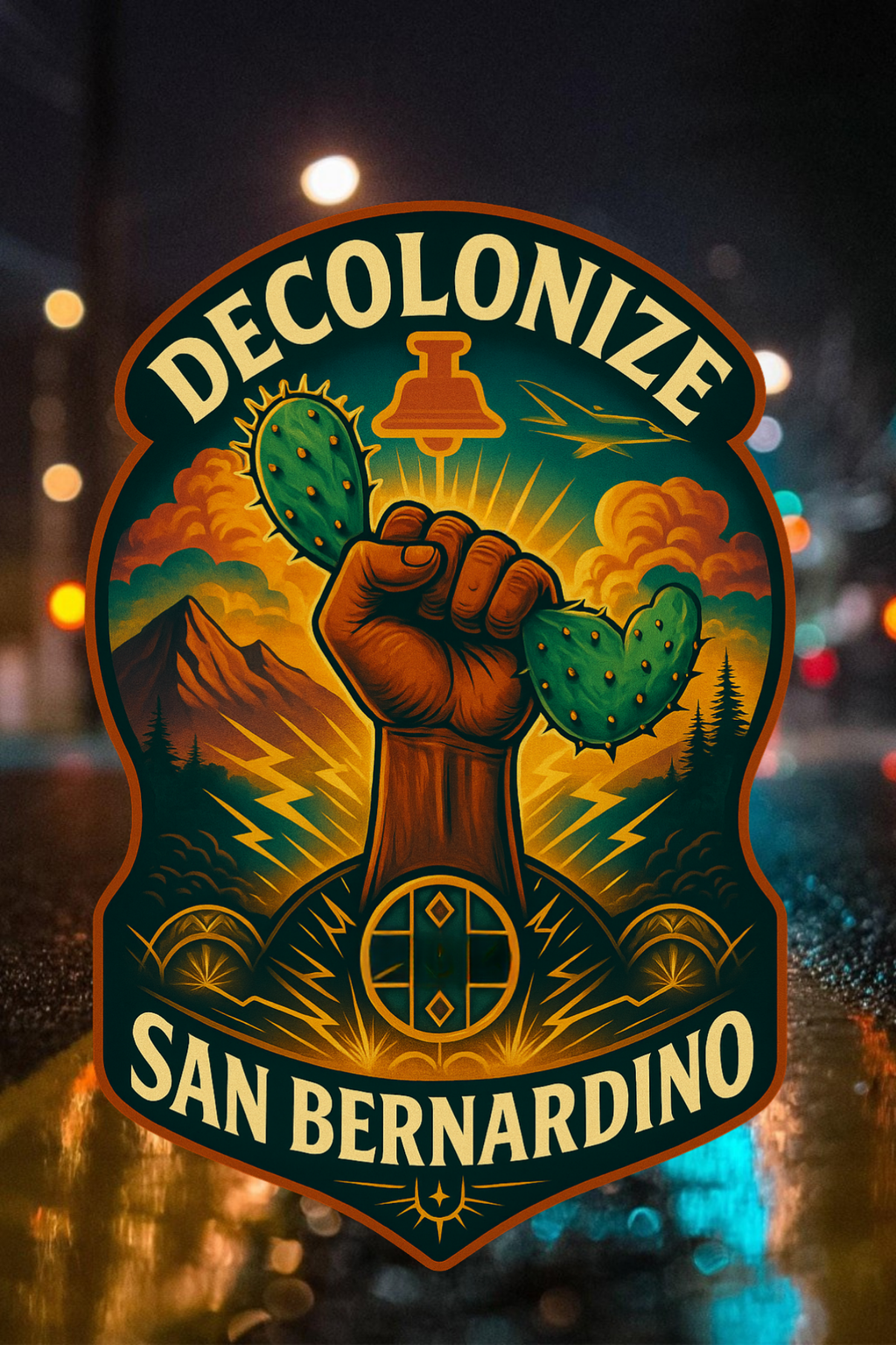 Decolonize San Bernardino Legacy Edition artwork featuring raised fist, cactus, and vibrant Indigenous-style circular badge
