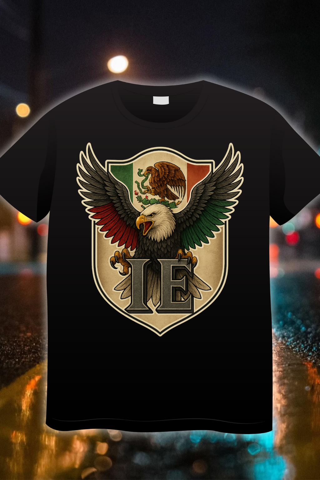 Eagle of the Empire Mexica Heritage t-shirt with tricolor wings and IE shield design”