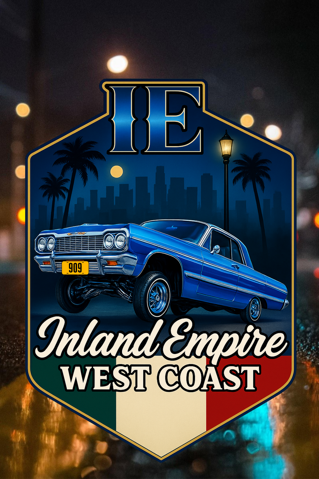 
IE West Coast Edition artwork with blue lowrider car, city skyline, and palm trees on a dark West Coast background
