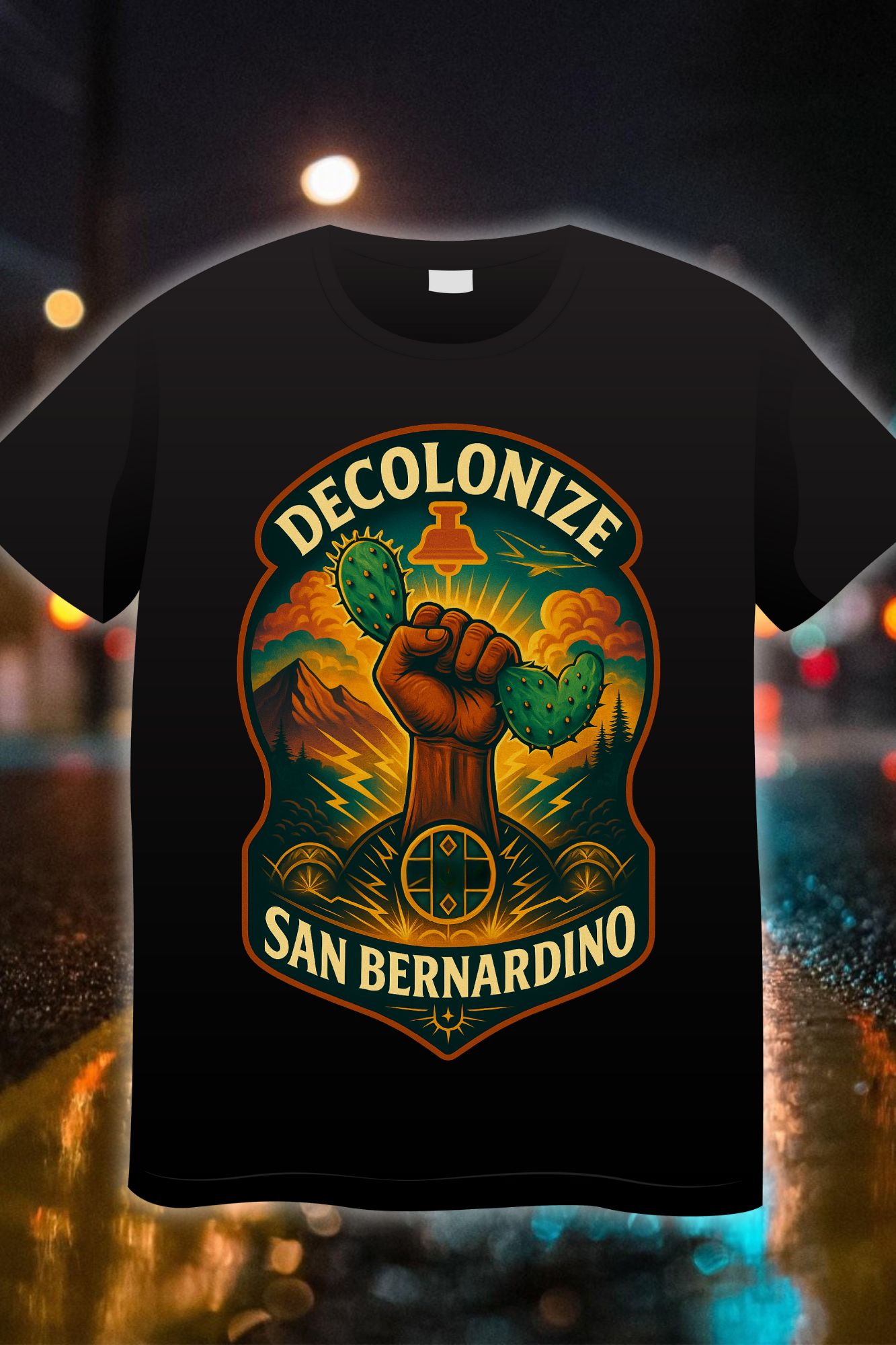 Decolonize San Bernardino Legacy Edition t-shirt with raised fist, cactus, and Indigenous-inspired badge artwork