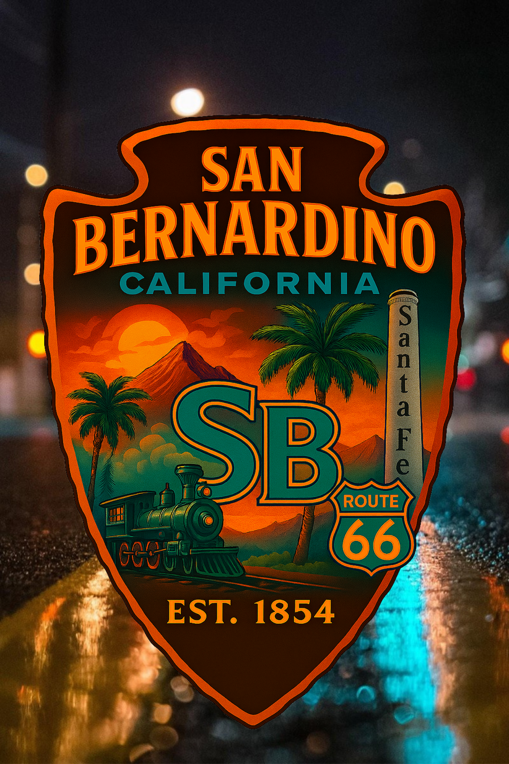 “San Bernardino Santa Fe Route 66 badge design with vintage train, palm trees, mountains, and orange sunset”