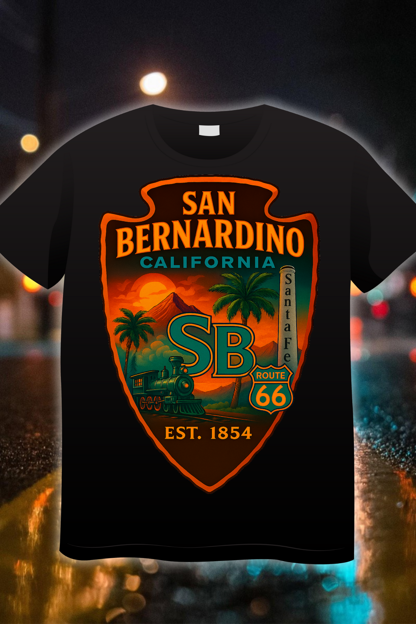 “San Bernardino Santa Fe Route 66 Edition t-shirt featuring SB badge design with train, palm trees, and sunset”
