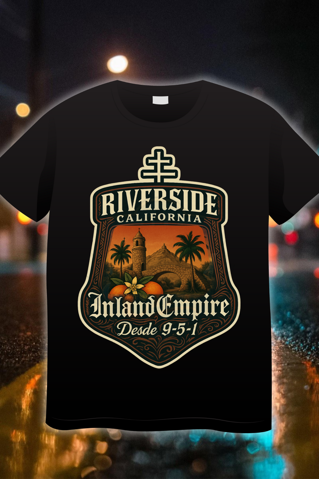 Riverside Inland Empire 951 Edition t-shirt featuring historic landmark artwork with palm trees and golden tones 951