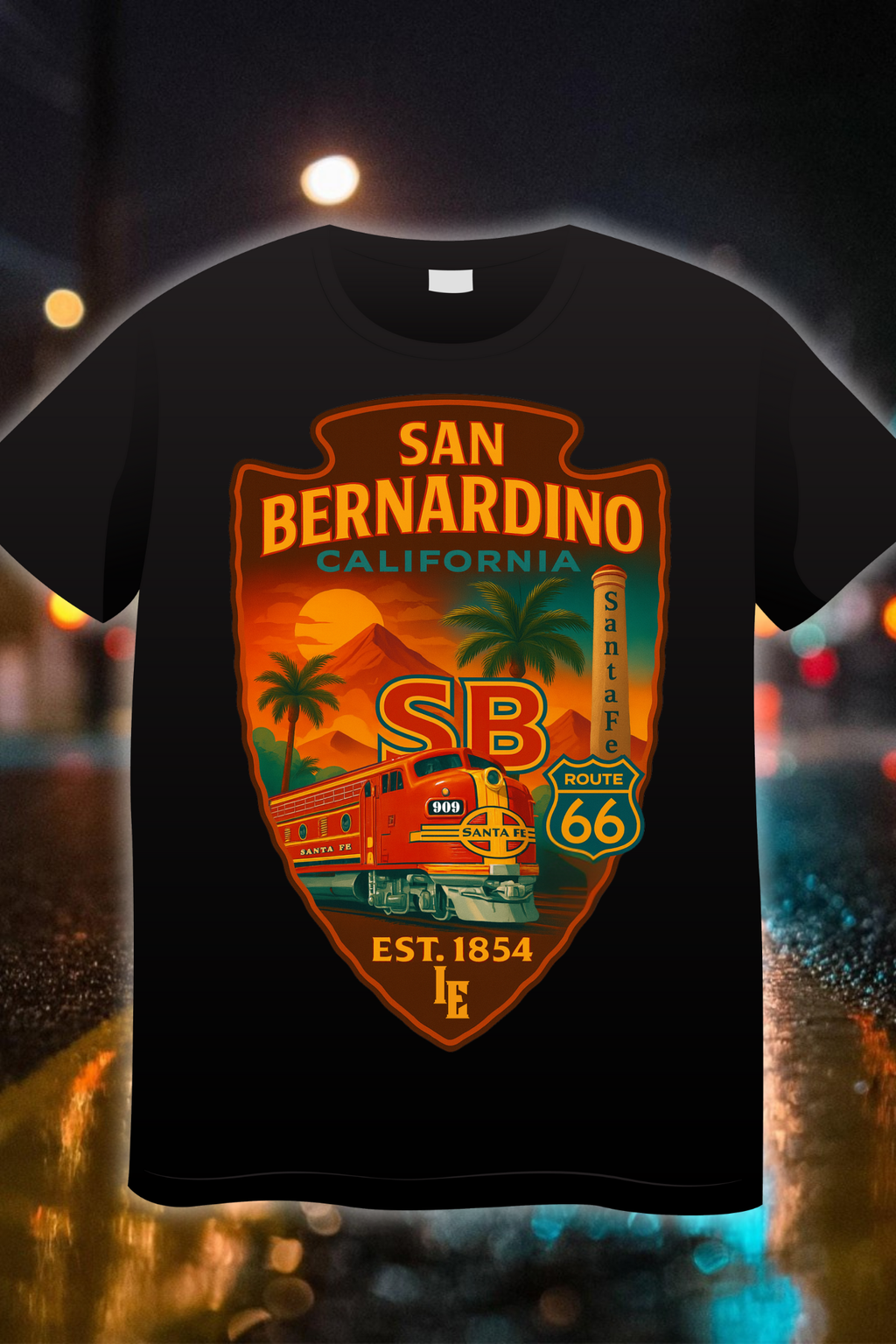 San Bernardino Route 66 Santa Fe Edition t-shirt – It’s Just My City streetwear tee featuring train, mountains, and palm trees