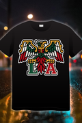 “LA Mexica Edition t-shirt featuring Aztec-style eagle in red, green, white and bold L A lettering