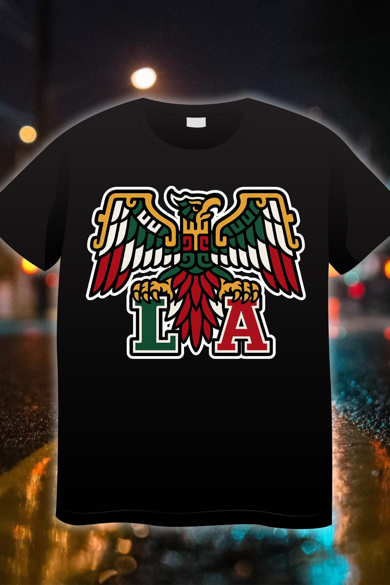 “LA Mexica Edition t-shirt featuring Aztec-style eagle in red, green, white and bold L A lettering