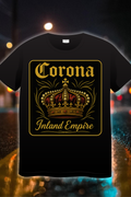 “Corona Inland Empire Edition t-shirt with gold royal crown and ornate lettering on a black tee”