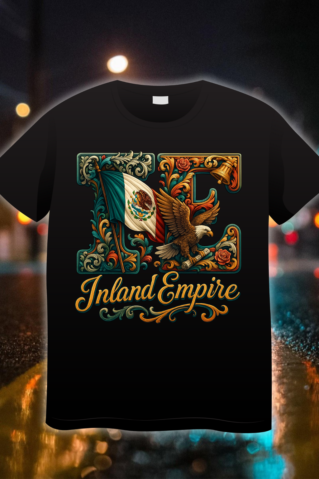 Inland Empire Heritage Edition t-shirt featuring Mexican eagle and flag with ornate gold scroll designs”
