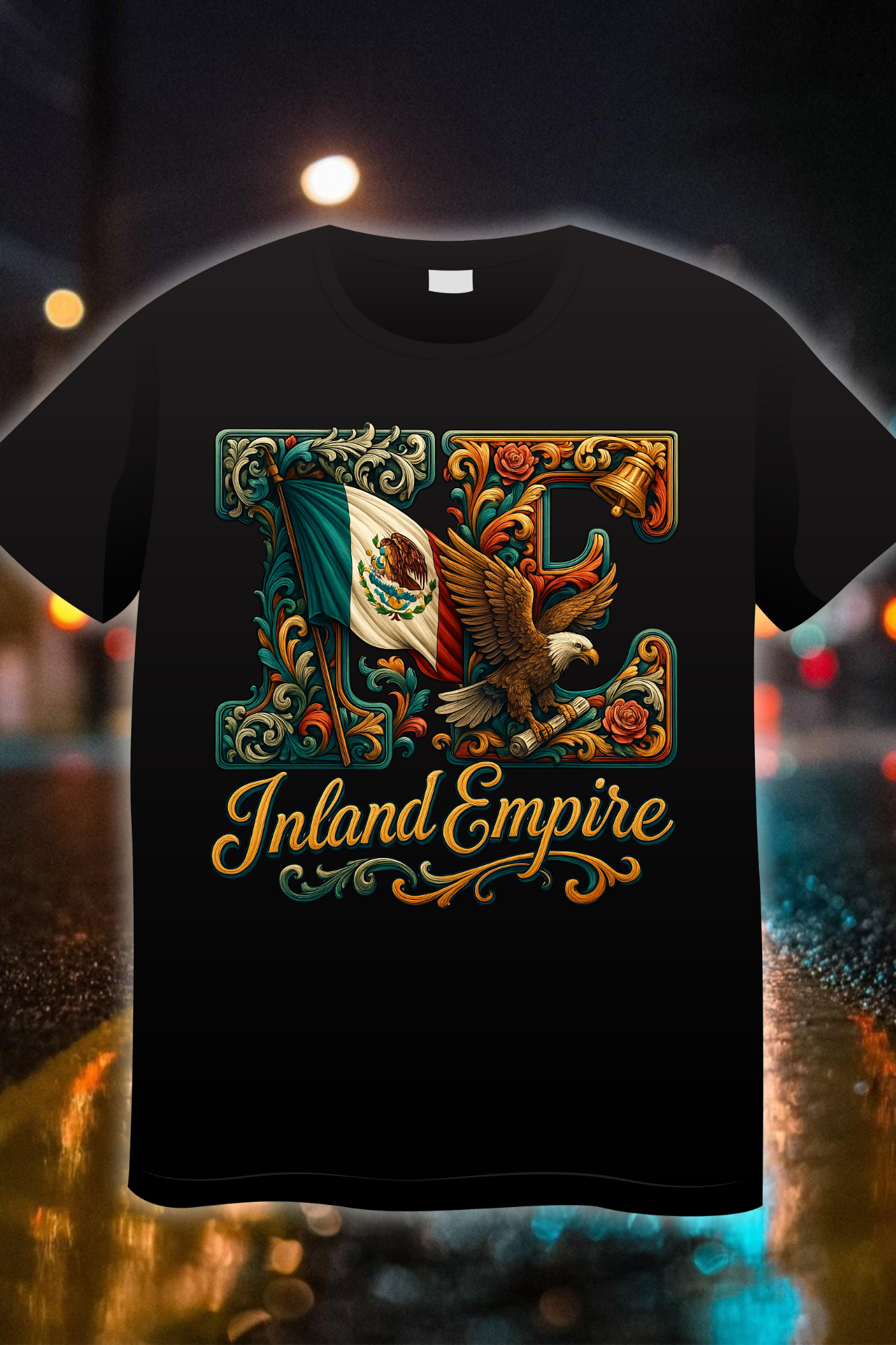 Inland Empire Heritage Edition t-shirt featuring Mexican eagle and flag with ornate gold scroll designs”