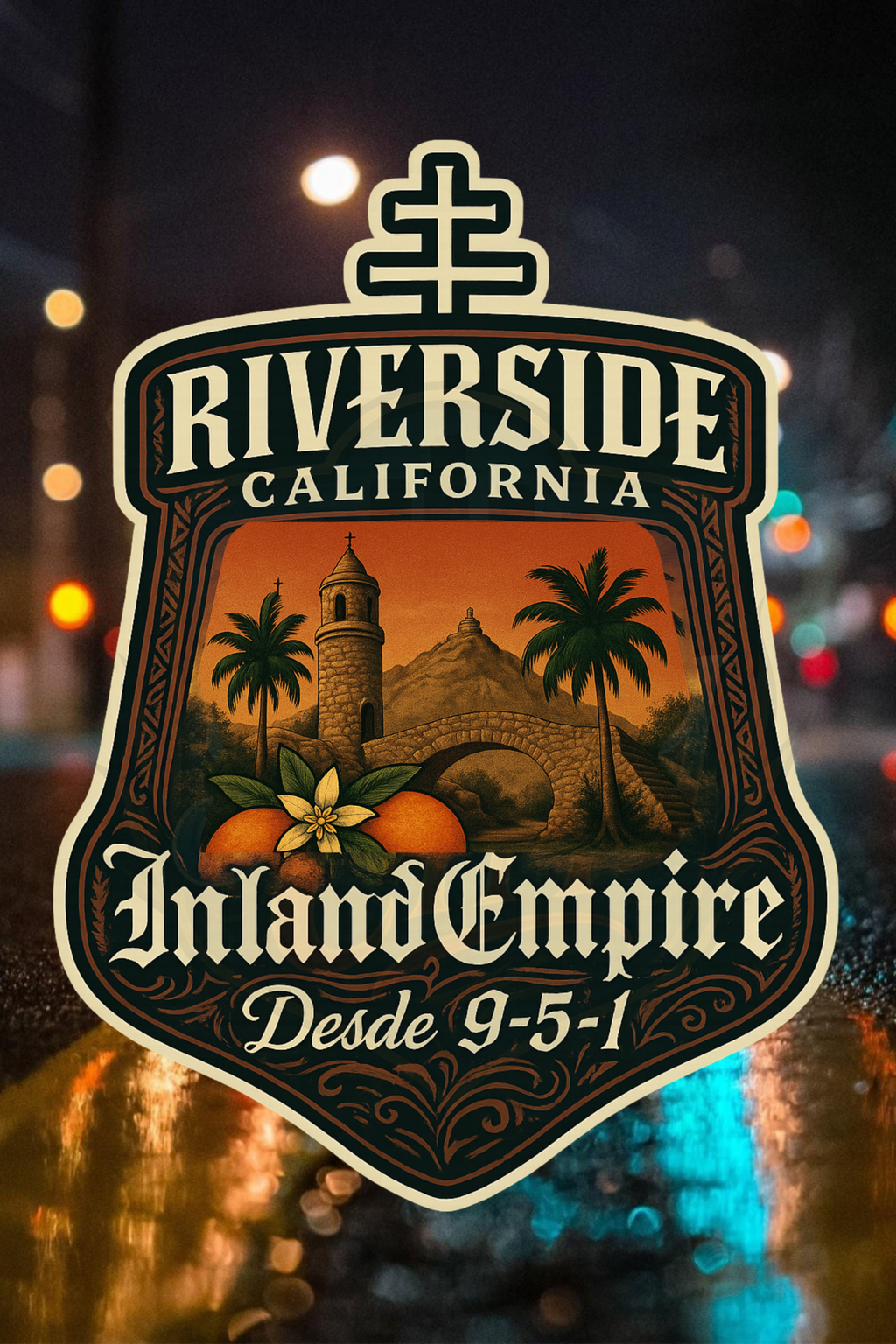 
“Riverside California Inland Empire 951 Edition artwork with mission-style building, palm trees, and golden vintage badge design”
